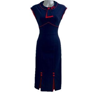 Stop Staring! 30's Bombshell Dress - Navy/Red - Retro, Pinup, Aviation, Midi - S